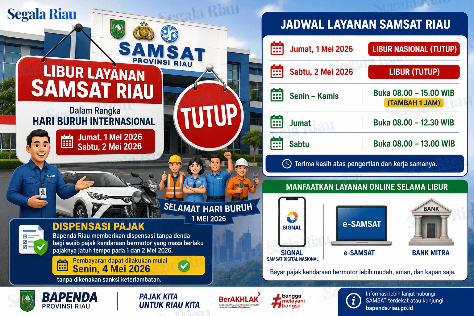 Libur Hari Buruh, Jam Layanan Samsat Riau Diperpanjang Minggu Depan